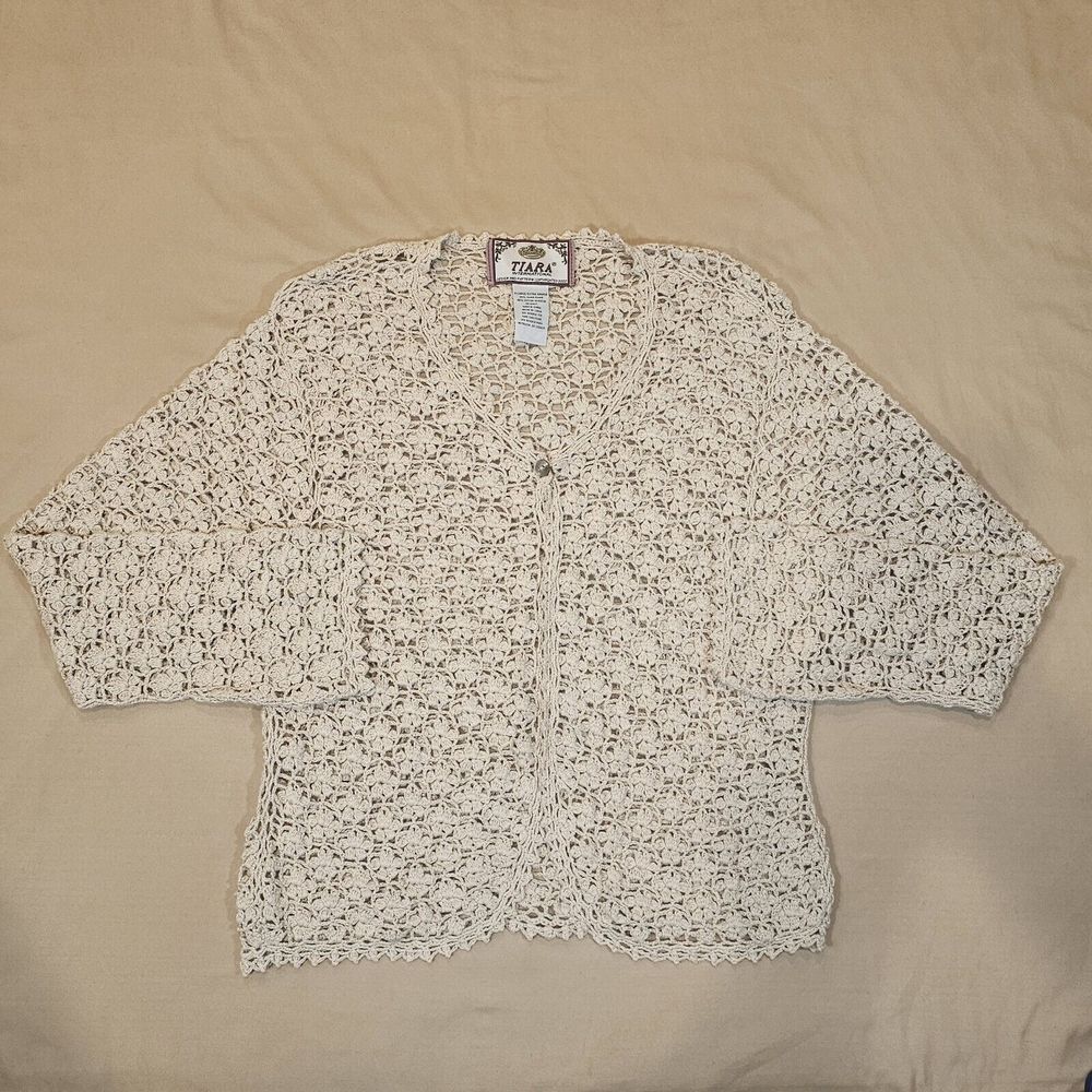 Vintage Tiara International Crochet Long Sleeve Button Ramie Cotton‎ Size XL